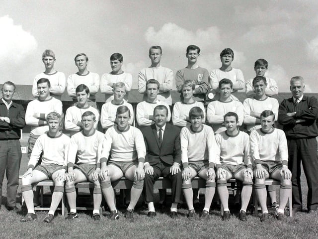 The Mansfield Town side for the 1966-67 season line up for a pre-season picture. Mansfield would go on to finish ninth in the Third Division table with 49 points.