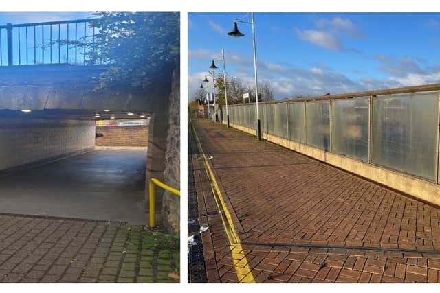 The public underpass and one of the platforms at Mansfield Railway Station, Nottinghamshire.