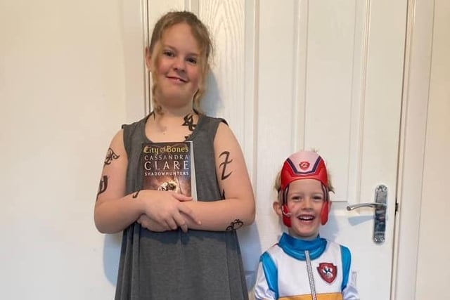 Finnick, aged 4, as Ryder from Paw Patrol and Sophie-Anne, aged 10, as Clary Fray from The Mortal Instruments series.