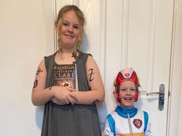 Finnick, aged 4, as Ryder from Paw Patrol and Sophie-Anne, aged 10, as Clary Fray from The Mortal Instruments series.