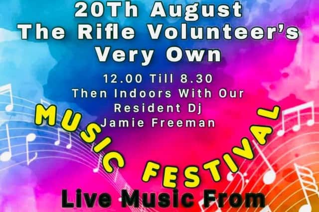 The poster outlines music acts and activities for the charity festival.