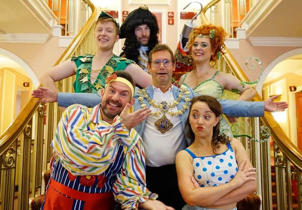 Mansfield panto press launch at the Palace theatre. Mansfield Mayor Andy Abrahams seen with the cast of The further Adventures of Peter Pan The Return of Captain Hook.