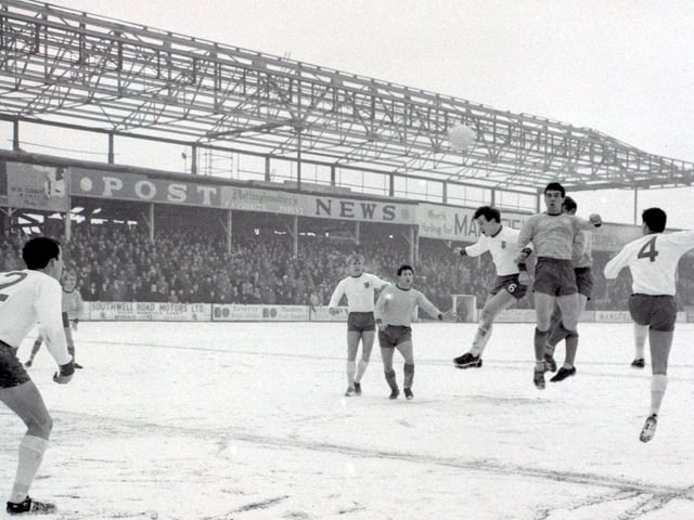 Stags v Walsall in Jan 1966 as the snow hits Mansfield.