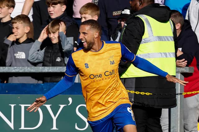 Goal hero Jordan Bowery celebrates at Barrow this afternoon. Photo by Chris Holloway / The Bigger Picture.media