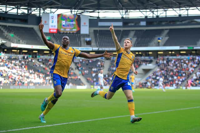 Davis Keillor-Dunn celebrates a Stags goal with Lucas Akins last season.