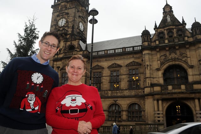 Cabinet member for business Leigh Bramall and council leader Julie Dore wearing their christmas jumpers outside Sheffield Town Hall in 2014
