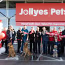 Deputy Mayor of Mansfield, Craig Whitby, cut the red ribbon at the official opening of Jollyes Pets in Mansfield, alongside some very special canine guests, Hazy, Juke, Ozzy, Jimmy and Buddy.