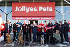 Deputy Mayor of Mansfield, Craig Whitby, cut the red ribbon at the official opening of Jollyes Pets in Mansfield, alongside some very special canine guests, Hazy, Juke, Ozzy, Jimmy and Buddy.