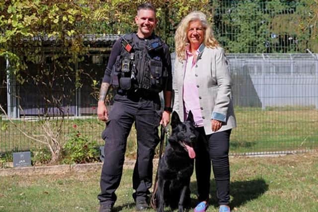 PC James Sills alongside Lady Bathurst and former police dog, Jimmy.