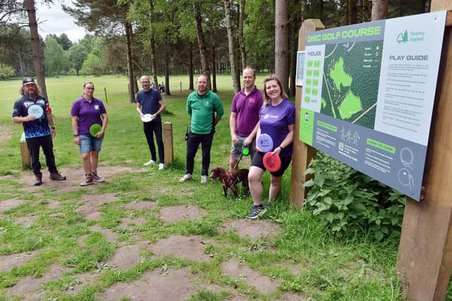 Pictured, from left, William B. Woodward from Nottinghamshire Disc Golf Club, Rachel Malley-Smith, of Disc Golf UK, Ashley Booker, Ryan Laviolette, manager at Sherwood Pines, Richard Hatton, owner of Disc Golf UK and Zoe Winfield, chair Nottinghamshire Disc Golf Club.