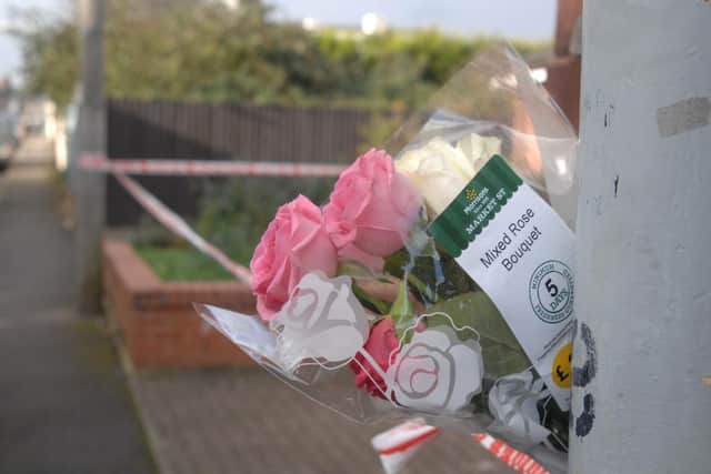 Flowers left at the site where her body was found in Stoney Street.