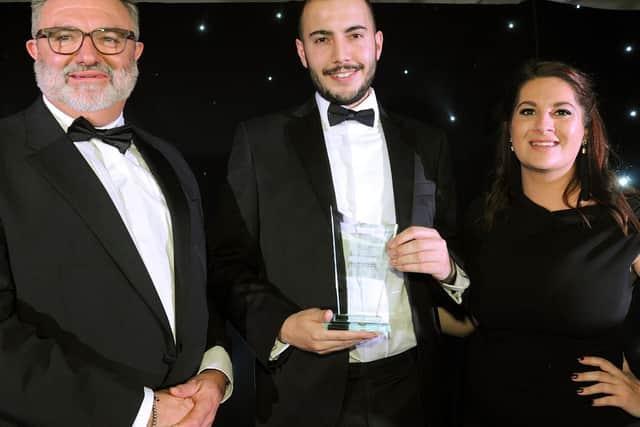 Apprentice of the Year, Matt Iddon, with Martin Rigley from Lindhurst Engineering who presented the award, and host Ashleigh Porter-Exley.