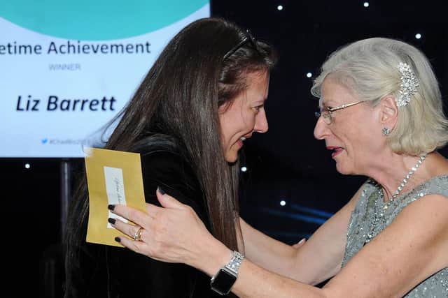 Liz Barrett from Academy Trust Further Education, is congratulated by Mansfield Mayor Kate Allsop on her Lifetime Achievement Award.