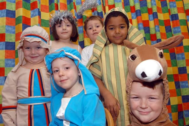 2006 - St Peter's Church of England School. Pictured from the left are; back row, Joseph (Josh Turner), Star (Hannah Carr), Gabriel (Oliver Bloodworth) Shepherd (Jacob Asuman). Mary (Leah Adam) and Donkey (Troon Dennington)