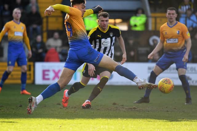 Notts County v Mansfield Town, Stag's Jordan Graham tries to connect with the ball.