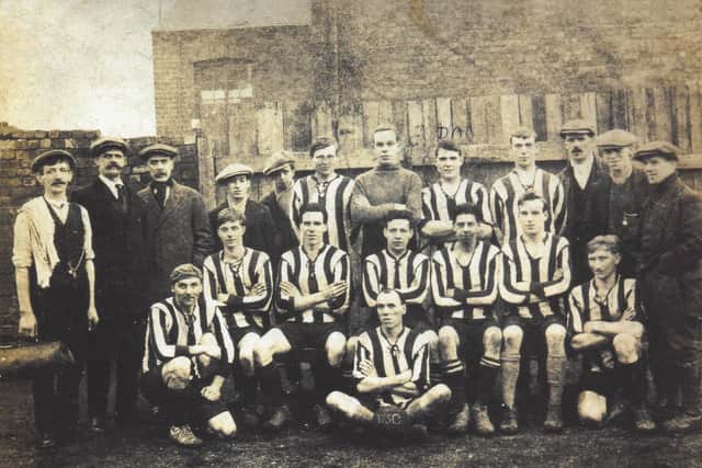 1920: This bygone snap is courtesy of Keith Biggs and was taken outside the Brickyard Club on Victoria Street, Mansfield. Keiths dad, George Biggs, played for this football team and is pictured fifth from the right on the back row.