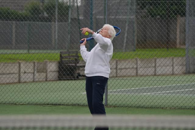 Mansfield Lawn Tennis Club president, Sally Beeley, on court.