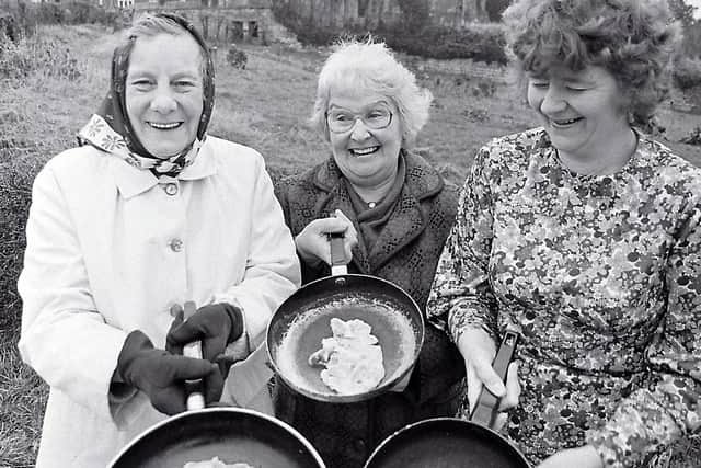 1981: These three lovely ladies are taking part in a pancake race in Eakring Village. Can you toss a pancake without it sticking to the ceiling or falling on the floor?