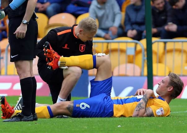 Mansfield Town v Barnet
English League Football - Sky BET League Two
Field Mill, Mansfield, England
10th September 2016

Mansfield Town's George Taft gets treatment before leaving the pitch injured

Picture by Dan Westwell

dan.westwell@btinternet.com
07793 733140