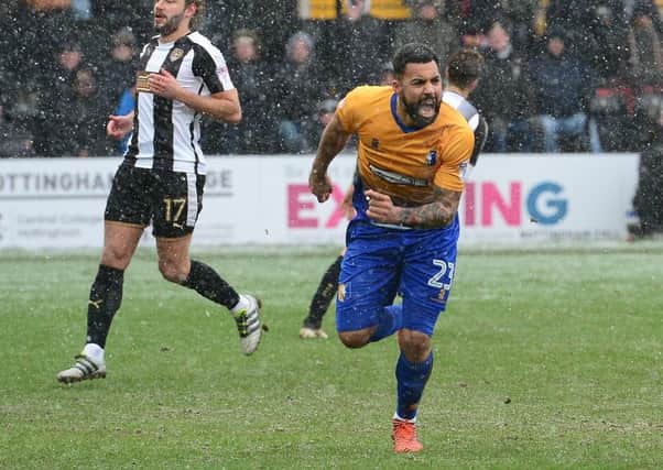 Kane Hemmings celebrates scoring a late penalty equaliser for Stags against Notts at Meadow Lane last season
