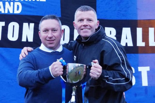 Selston's outgoing chairman Mark Wilson with manager Craig Weston