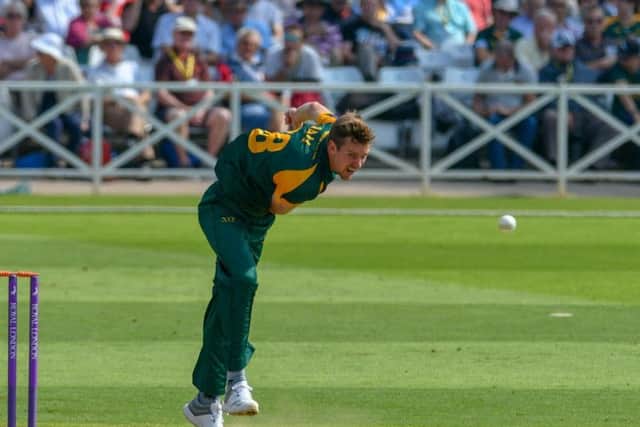Notts seamer Jake Ball pictured in action. Pic by Simon Trafford.