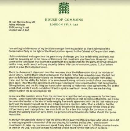 Mansfield MP Ben Bradley's letter of resignation from his role in the government.