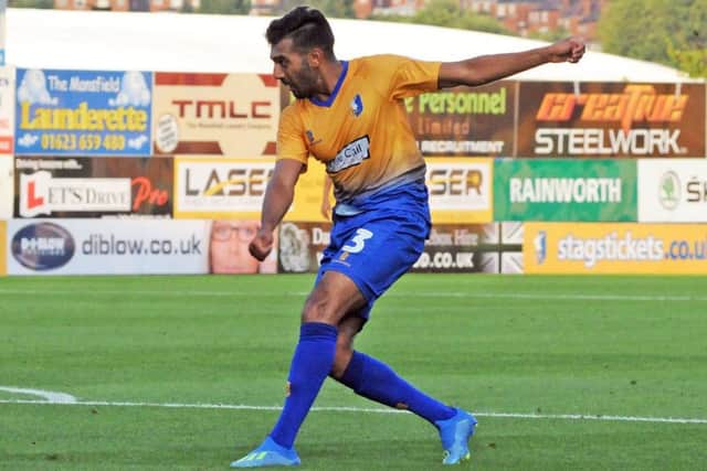 Mansfield Town v Sheffield Wednesday.Mal Benning fires in the Stags first half goal.