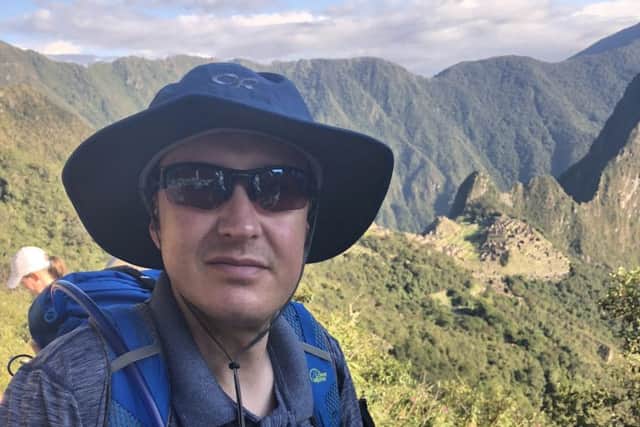 Brave Paul, who has multiple sclerosis, at the end of the Inca Trail, a 126-kilometre mountain trek, in Peru.