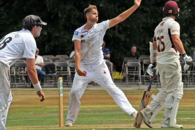Derbyshire V Northhamptonshire.
Derbyshire bowler, Matt Critchley in action at Queens Park on Monday.