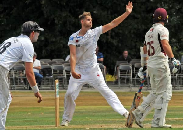 Derbyshire V Northhamptonshire.
Derbyshire bowler, Matt Critchley in action at Queens Park on Monday.