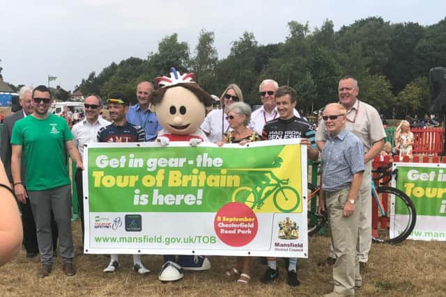 Tour of Britain launch, riders Tobyn Horton and Graham Briggs with Mayor Kate Allsop, mascot Toby and the council cabinet