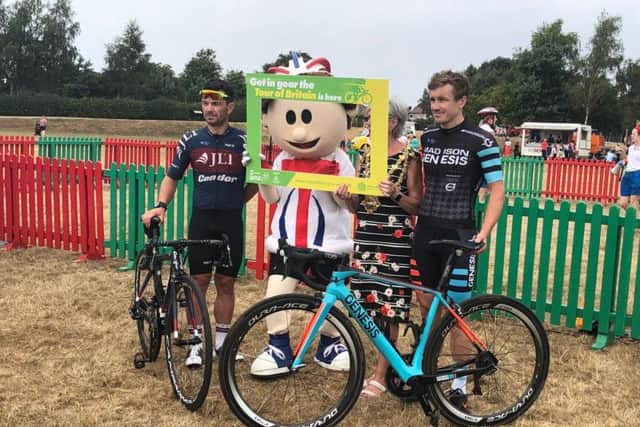 Tour of Britain launch, riders Tobyn Horton and Graham Briggs with Mayor Kate Allsop and tour mascot Toby