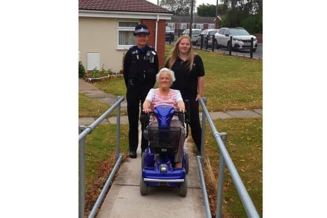 Pictured from left are PCSO Kerry Darrington, Norma King on her new scooter and Park Mobility's Beth Holland who delivered it.