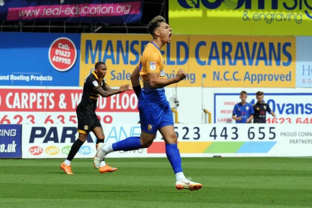 Mansfield Town v Newport County.Tyler Walker celebrates his goal for Stags.