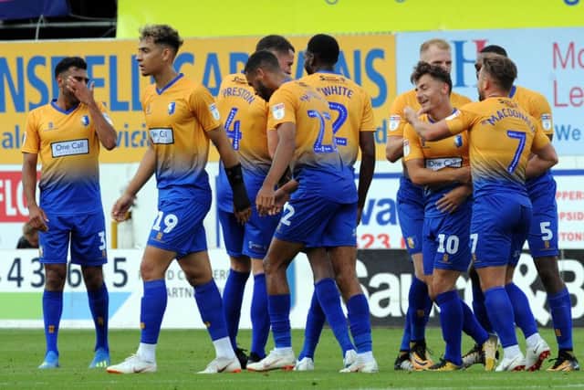 Mansfield Town v Newport County.Otis Khan celebrates his second second goal for the Stags in the second half.