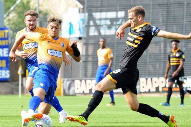 Mansfield Town v Newport County.Tyler Walker at full stretch in the second half.