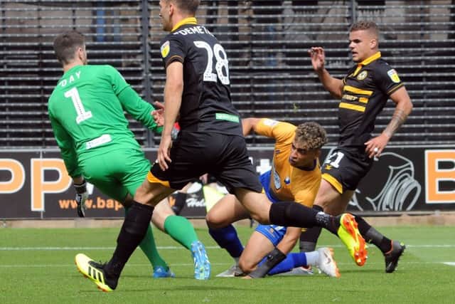 Mansfield Town v Newport County.Tyler Walker scores for the Stags.