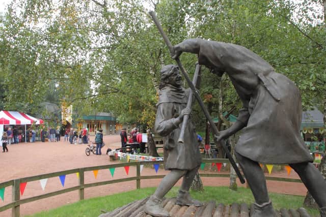 The first meeting of Robin Hood and Little John on a narrow bridge over a river is immortalised in Sherwood Forest's statue outside the Visitor Centre.