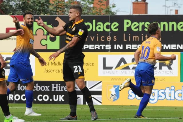 Mansfield Town v Newport County.
Otis Khan celebrates his second goal.