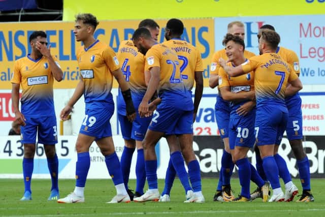 Mansfield Town v Newport County.Otis Khan celebrates his second second goal for the Stags in the second half.