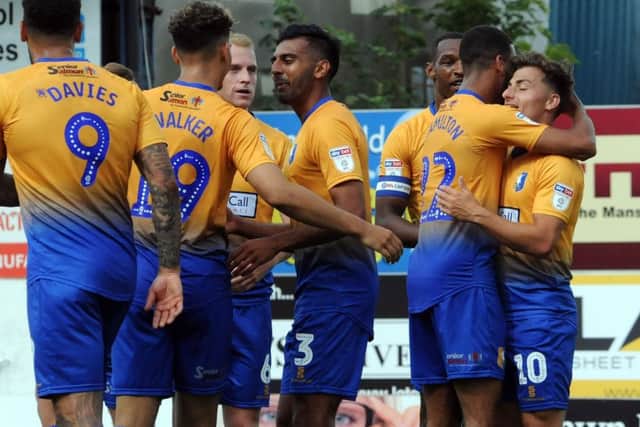 Mansfield Town v Newport County.
Otis Khan celebrates his second goal.