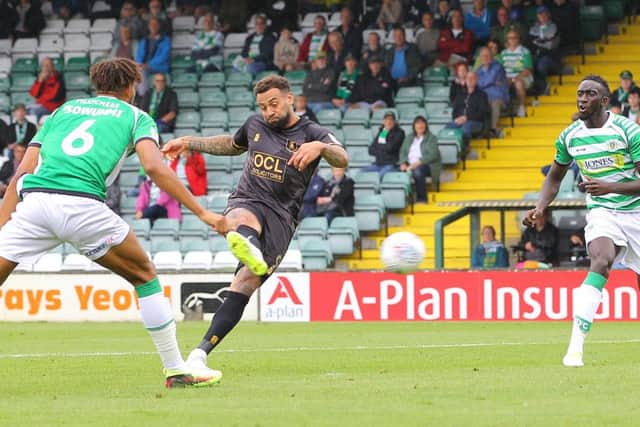 Picture by Gareth Williams/AHPIX.com; Football; Sky Bet League Two; Yeovil Town v Mansfield Town; 11/8/18 KO 15:00; Huish Park; copyright picture; Howard Roe/AHPIX.com; Mansfield's Craig Davies fires home the equaliser at Yeovil