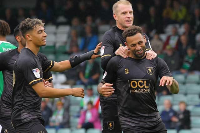 Picture by Gareth Williams/AHPIX.com; Football; Sky Bet League Two; Yeovil Town v Mansfield Town; 11/8/18 KO 15:00; Huish Park; copyright picture; Howard Roe/AHPIX.com; Mansfield's Craig Davies celebrates after making it 1-1 at Yeovil