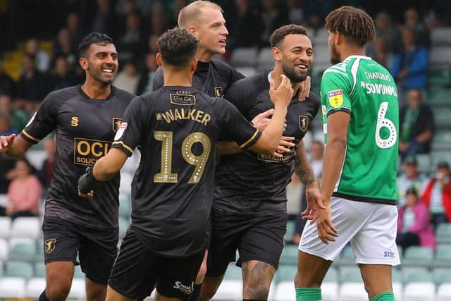 Picture by Gareth Williams/AHPIX.com; Football; Sky Bet League Two; Yeovil Town v Mansfield Town; 11/8/18 KO 15:00; Huish Park; copyright picture; Howard Roe/AHPIX.com; Mansfield's Craig Davies celebrates his equaliser at Yeovil