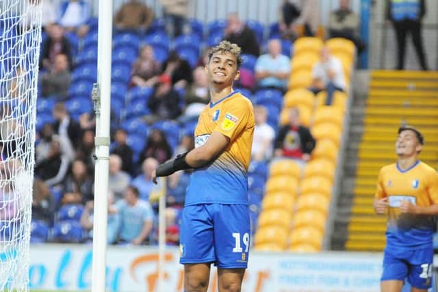 Mansfield Town v Accrington Stanley. Tyler Walker gets his hat-trick. Pic by Anne Shelley.