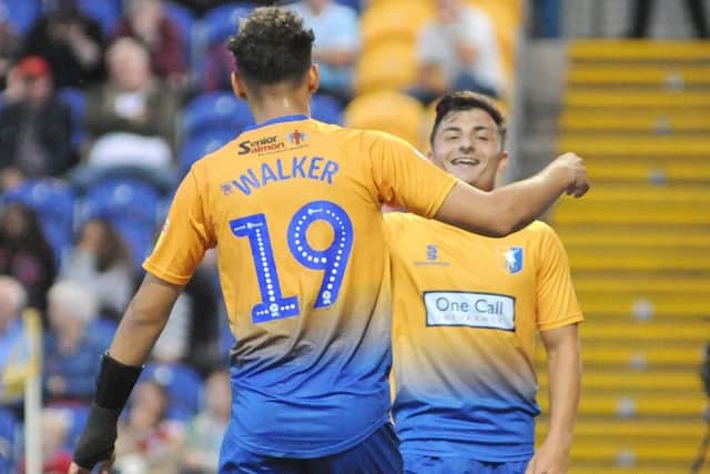 Mansfield Town v Accrington Stanley. Otis Khan celebrates with Tyler Walker after the Stags fourth goal.