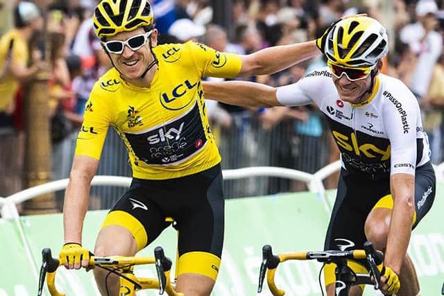Picture by Alex Broadway/ASO/SWpix.com - 29/07/18 - Cycling - 2018 Tour de France - Stage Twenty-One - Houilles to Paris Champs-&lysÈes - Geraint Thomas celebrates winning the overall classification with team mate Chris Froome.