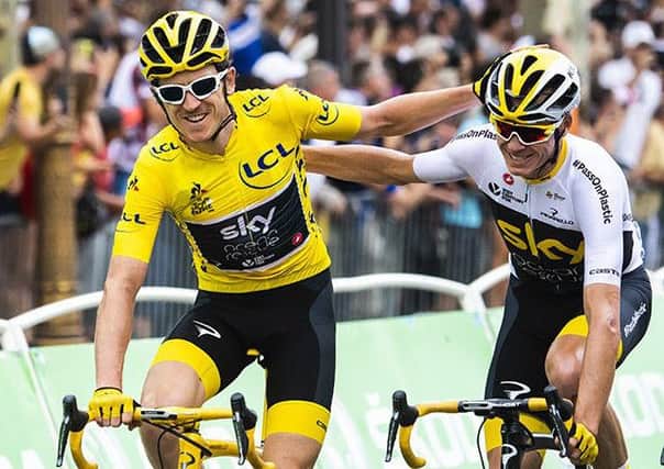 Picture by Alex Broadway/ASO/SWpix.com - 29/07/18 - Cycling - 2018 Tour de France - Stage Twenty-One - Houilles to Paris Champs-&lysÃˆes - Geraint Thomas celebrates winning the overall classification with team mate Chris Froome.