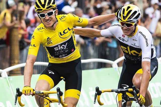 Geraint Thomas celebrates  with team mate Chris Froome on the Tour de France. Picture by Alex Broadway/ASO/SWpix.com